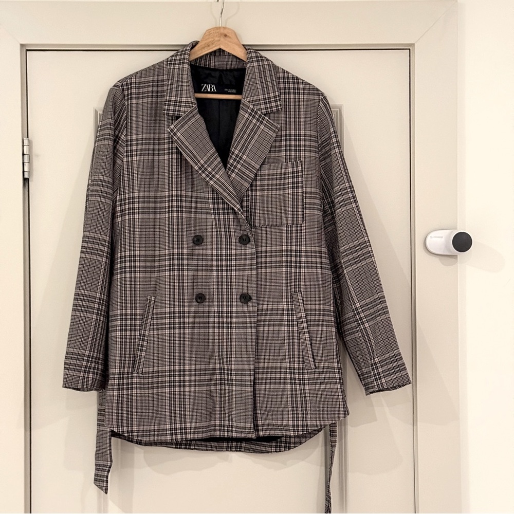 Zara Plaid Double-Breasted Jacket with Removable Belt - Size S, Trench Coat
